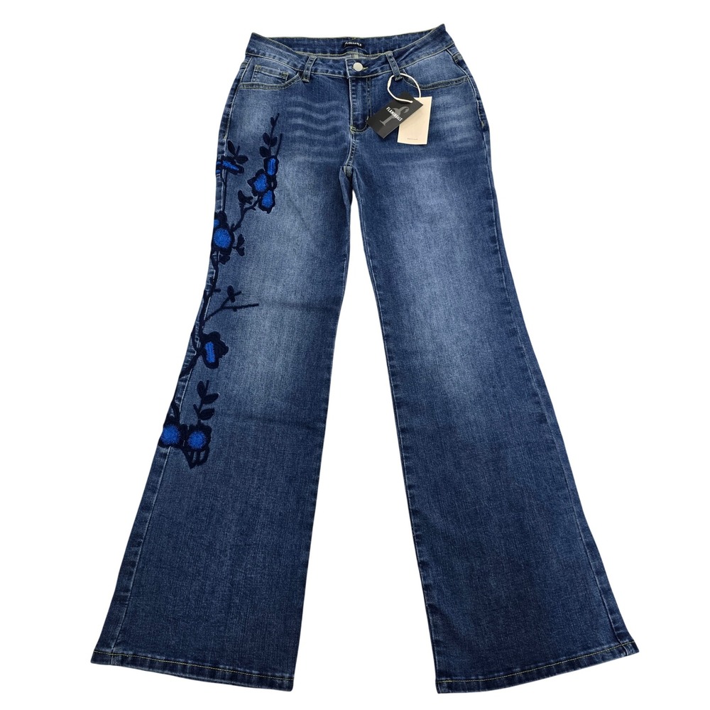 Flamingals Womens Blue Floral Embroidered Flare Jeans Medium‎ Wash Size M NWT